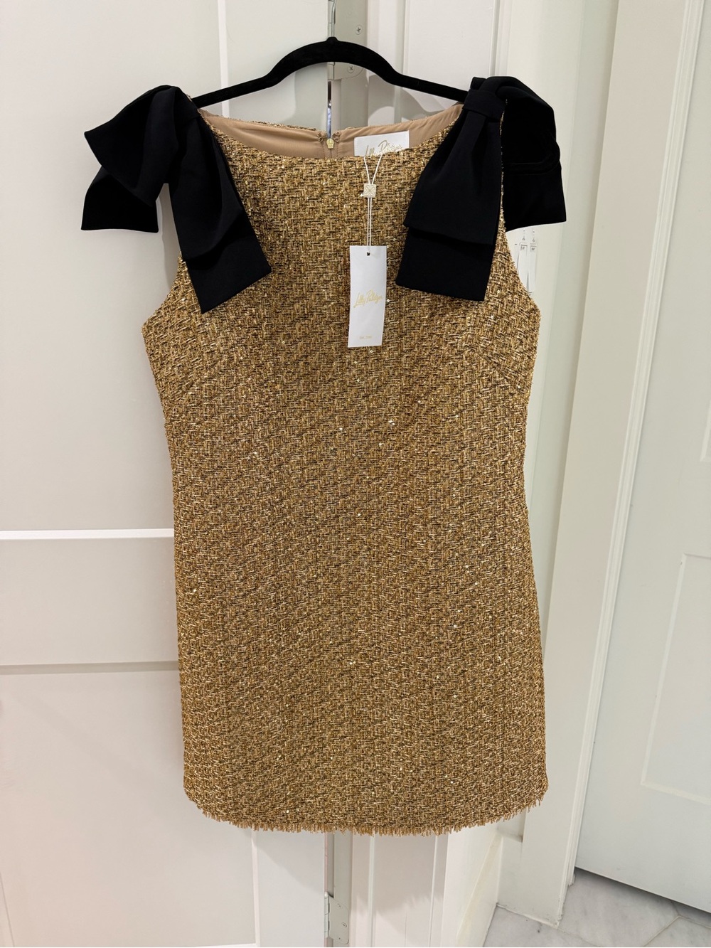Lilly Pulitzer Gold Tweed Mini with Black Bow Straps